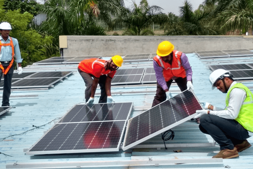 Large-scale solar farm with blue solar panels